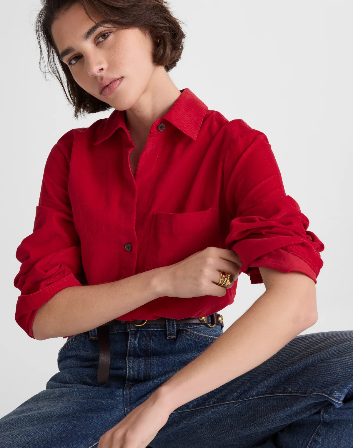 Easy Y-Neck Button-Up Shirt in Corduroy by MW
