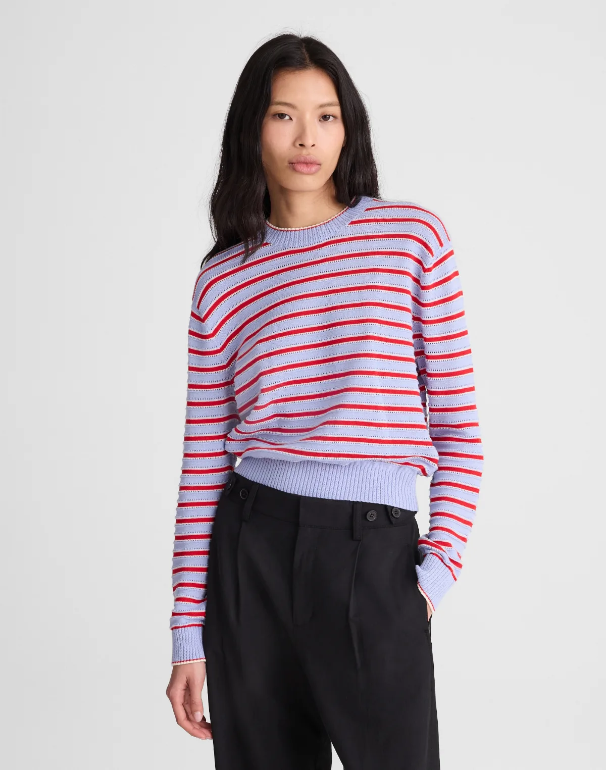 Striped Textured-Stitch Crewneck Sweater in 100% Cotton