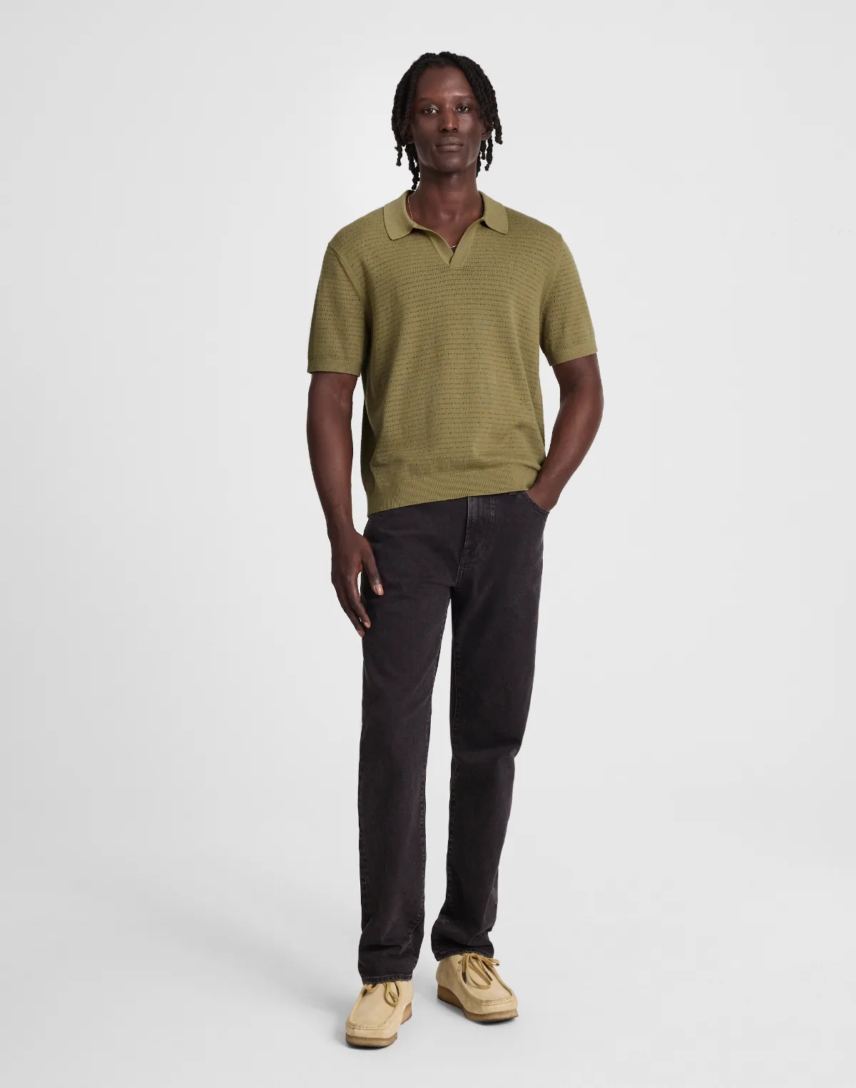 Pointelle-Stitch Johnny-Collar Sweater Polo by MW