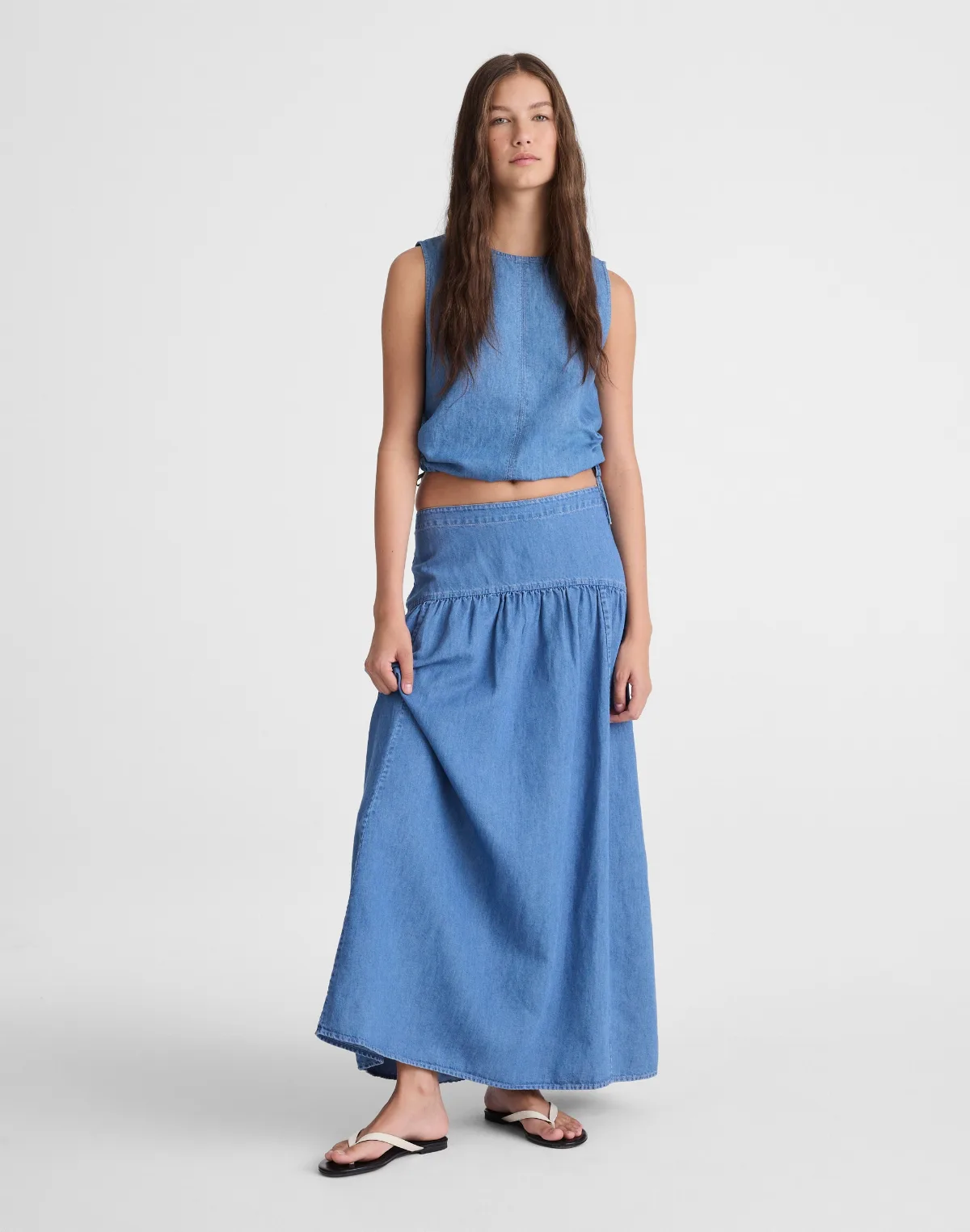 Drop-Waist Maxi Skirt in Cotton-Linen Denim by MW