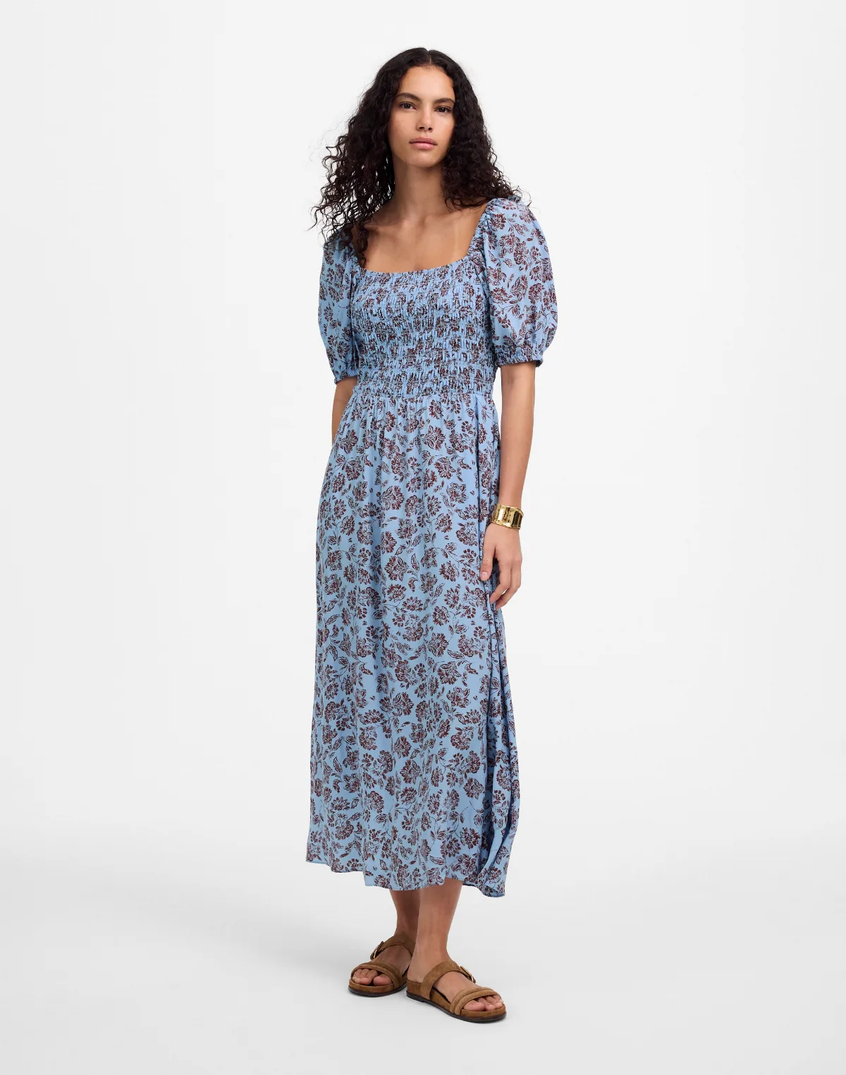 Smocked Puff-Sleeve Dress in Floral