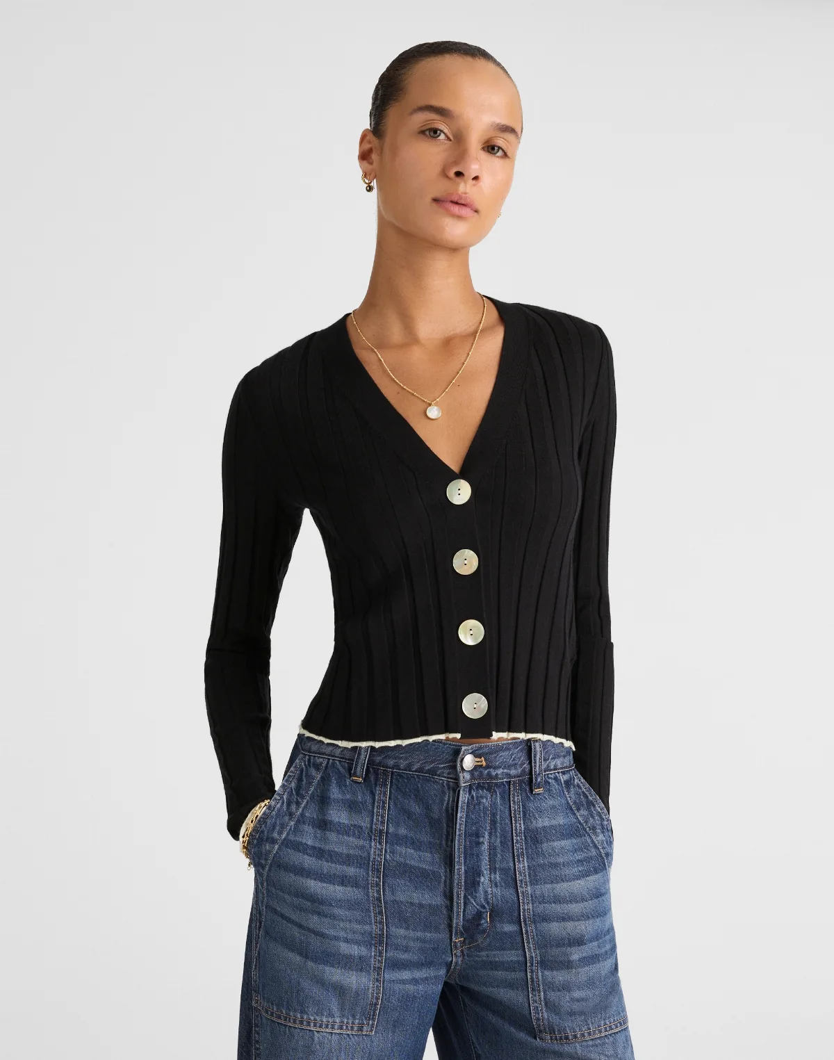 Tipped Ribbed V-Neck Cardigan