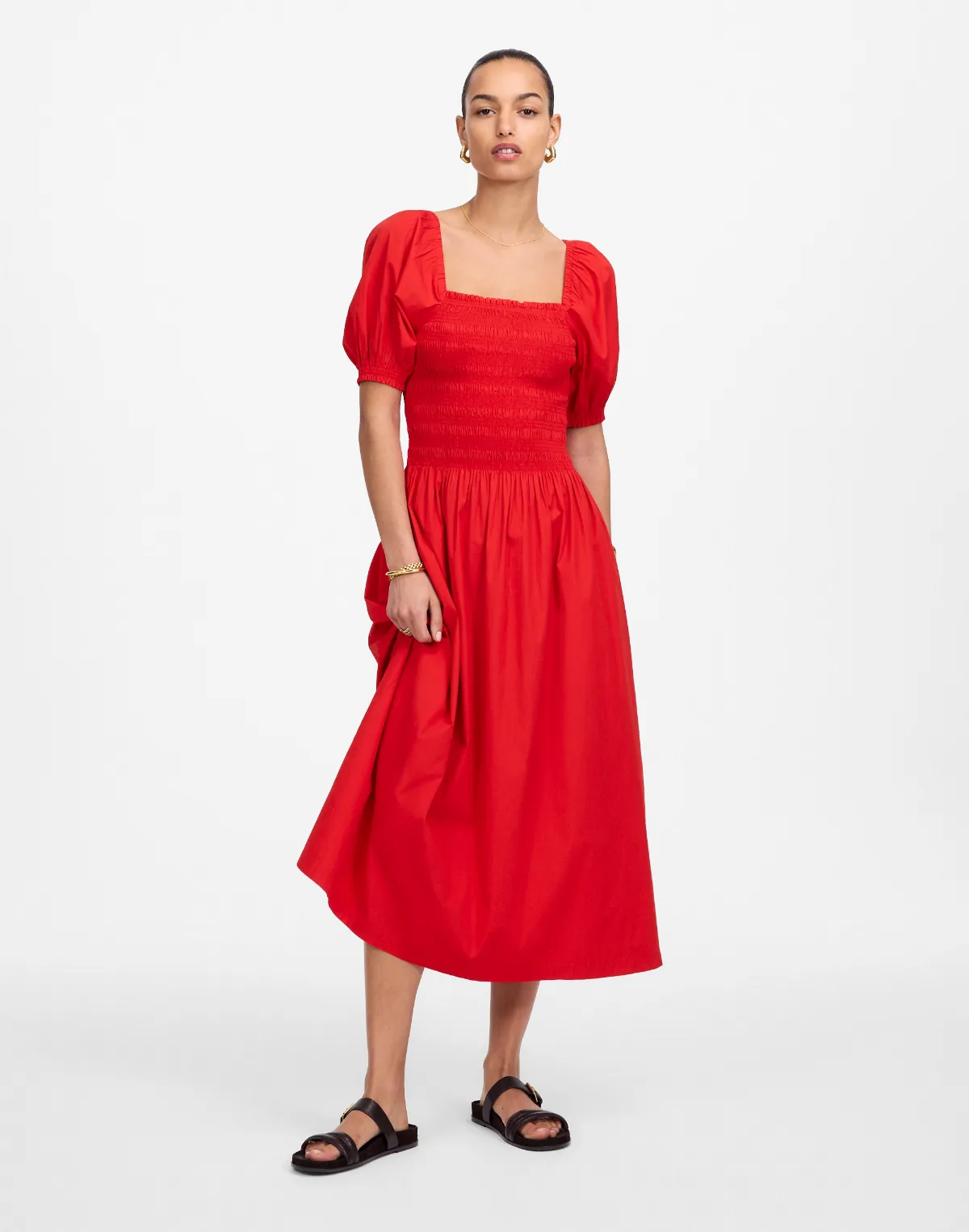 Smocked Puff Sleeve Midi Dress in Poplin by MW
