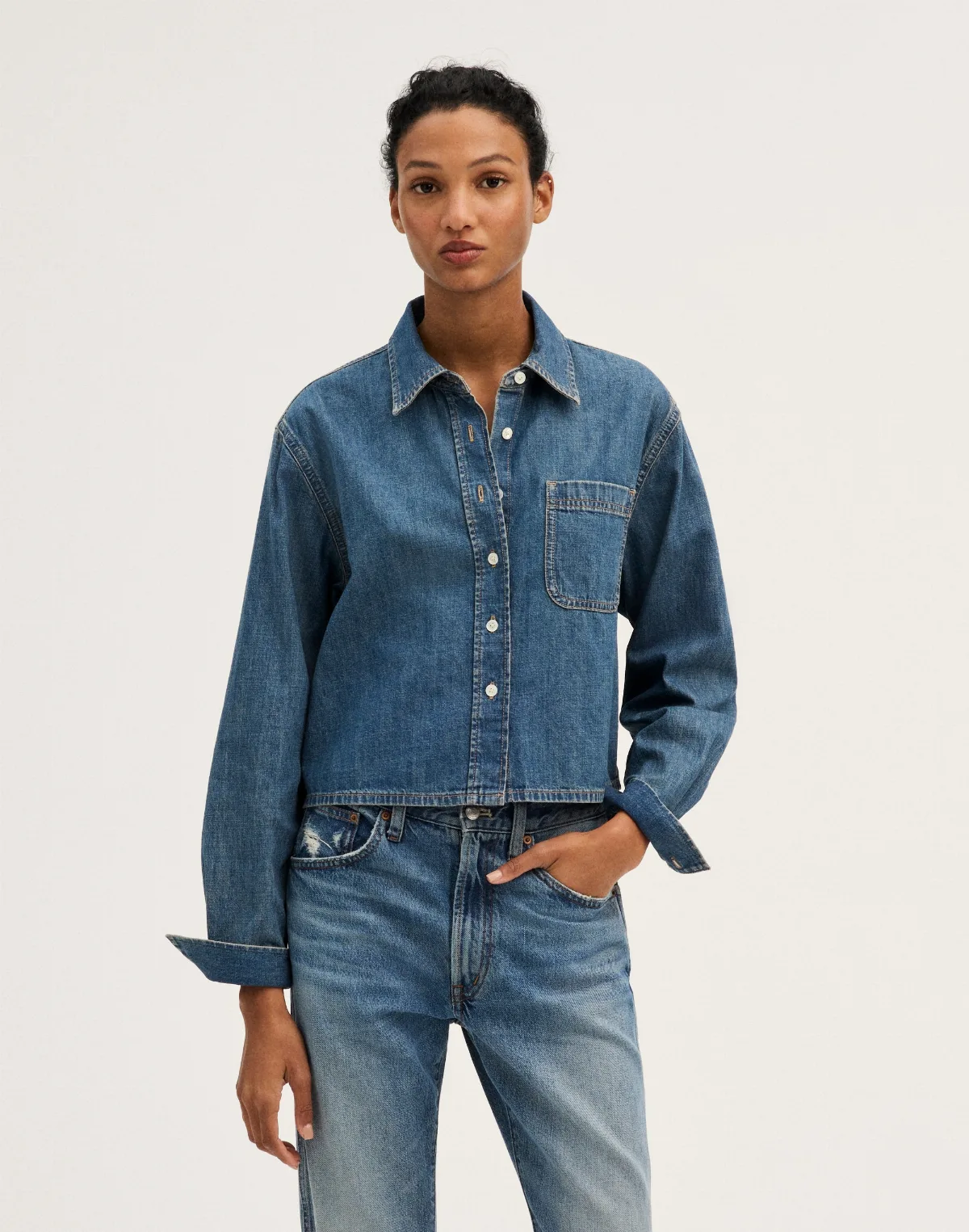 Denim Boxy Crop Button-Up Shirt by MW