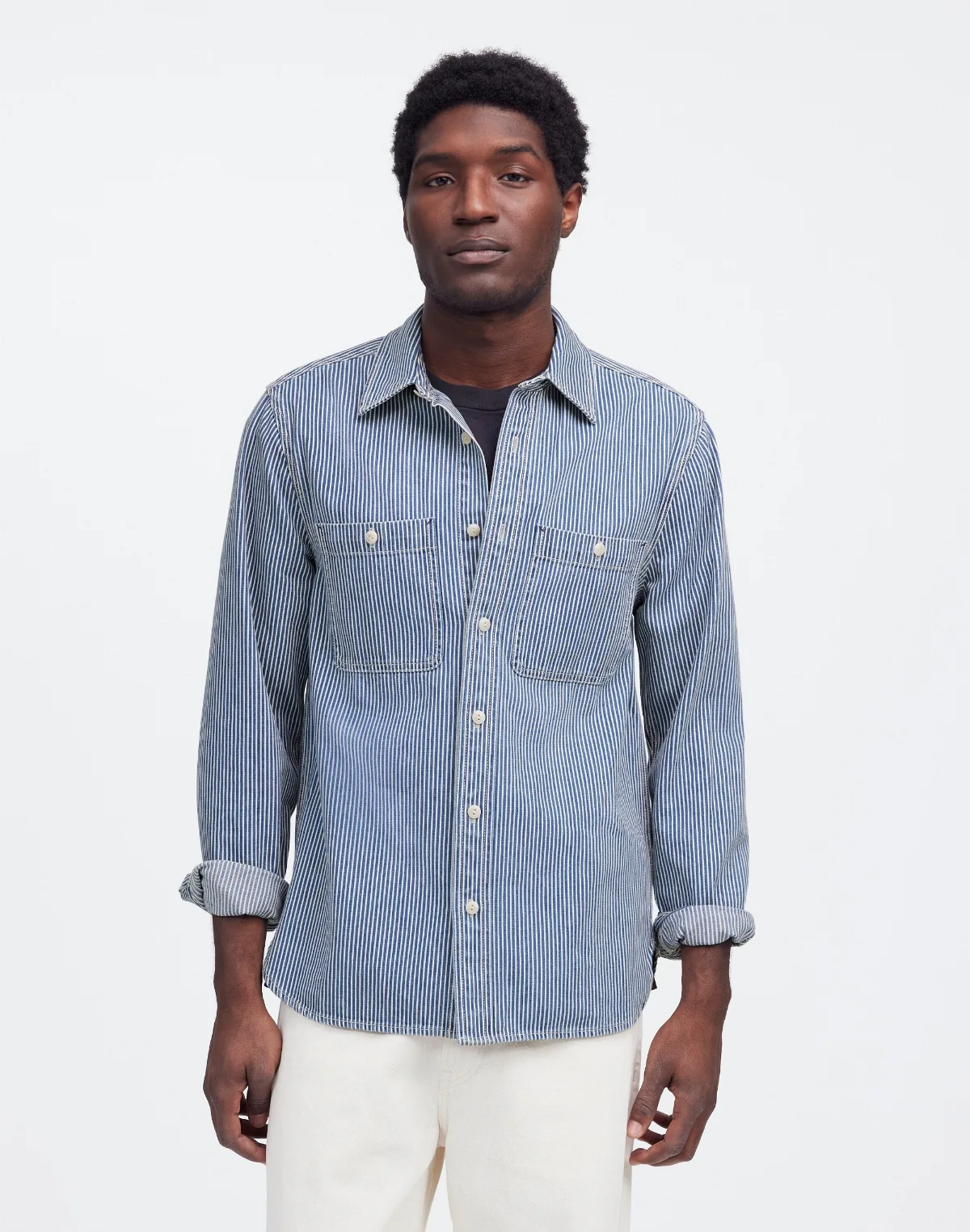 Indigo-Dyed Shirt in Engineer Stripe by MW