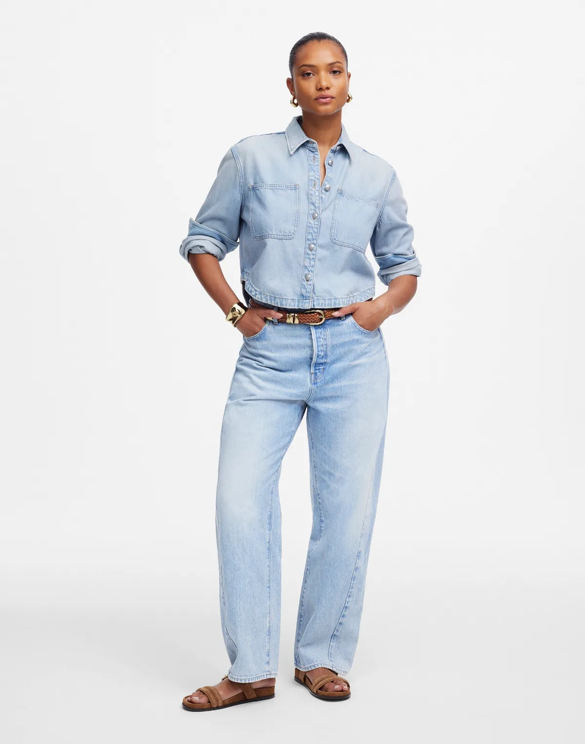 Curvy Pieced Barrel-Leg Jeans