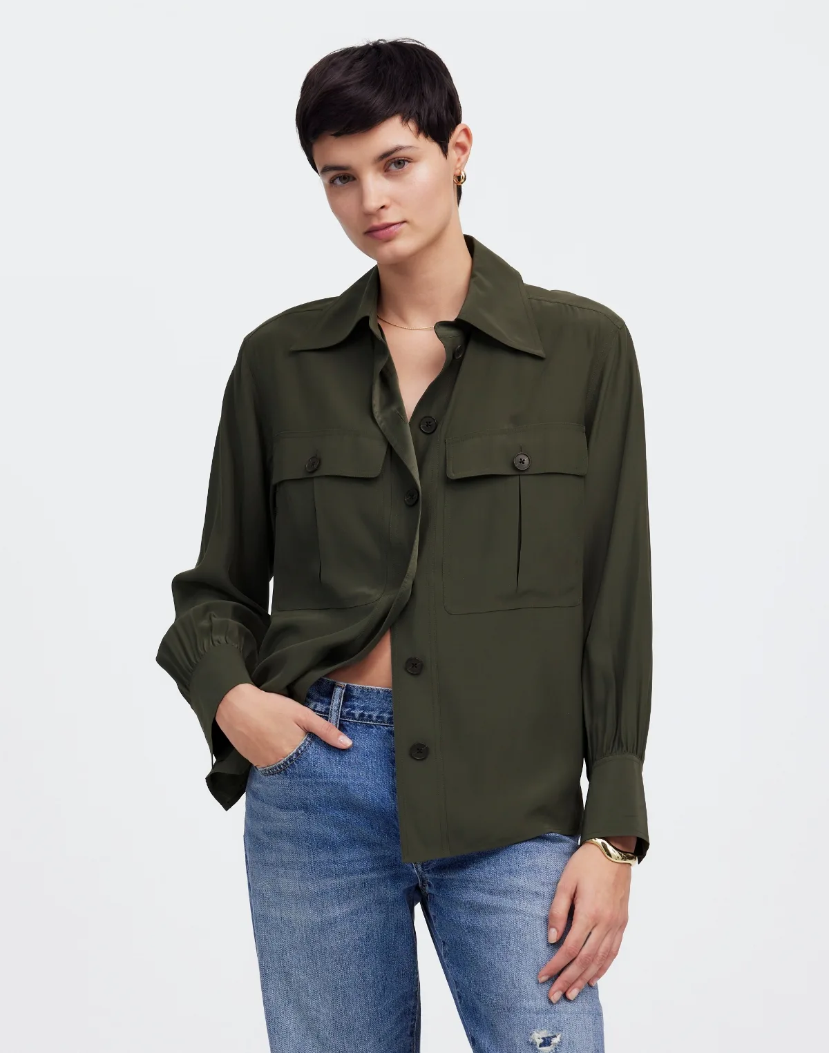 Silk Utility-Pocket Button-Up Shirt by MW
