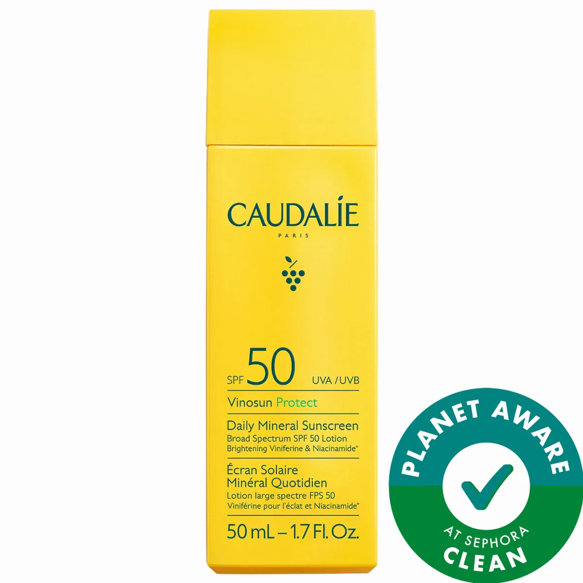 Vinosun Protect Brightening Daily Mineral Face Sunscreen SPF 50 with Niacinamide 1.7 oz / 50 Ml by Caudalie