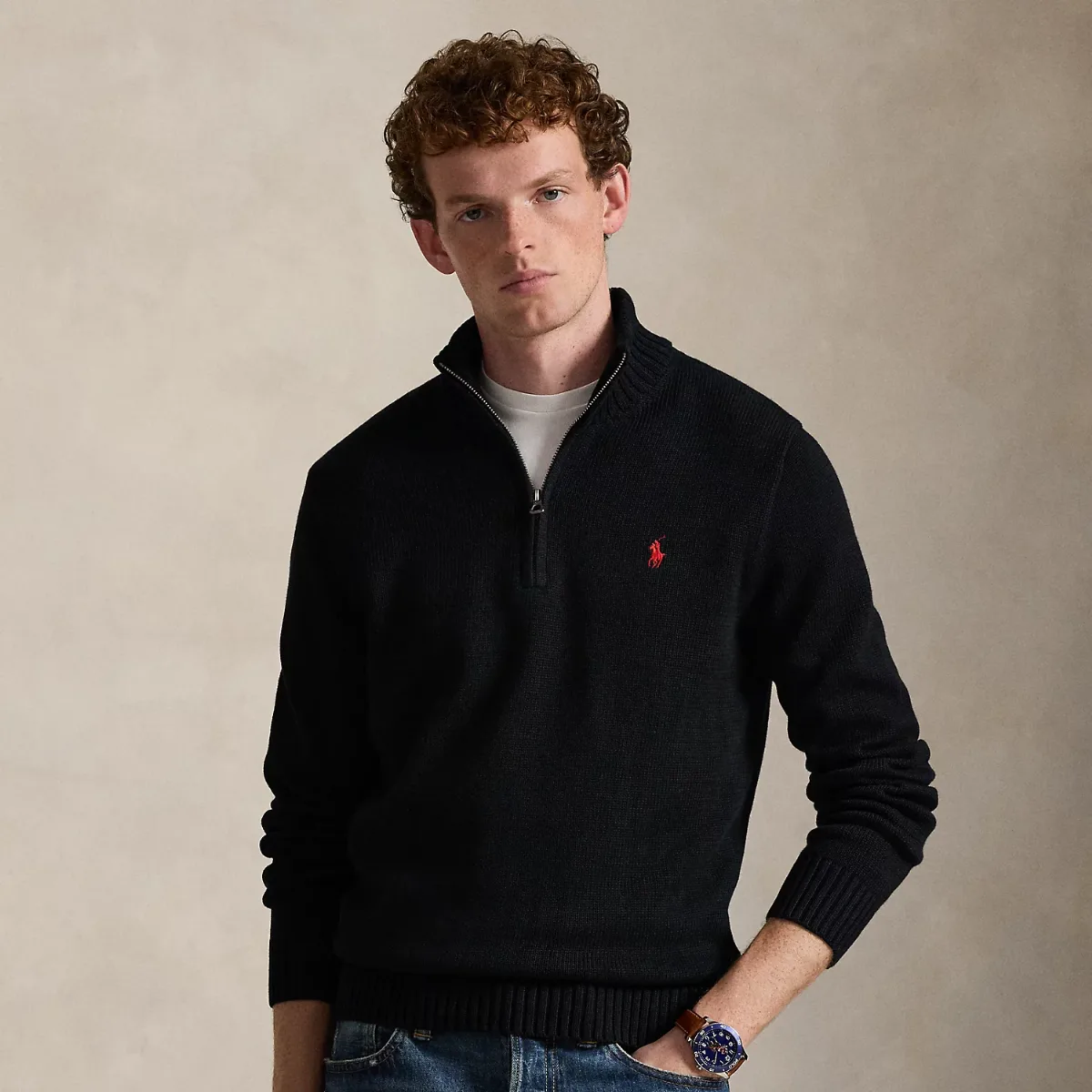 Quarter-Zip Cotton Mockneck Jumper