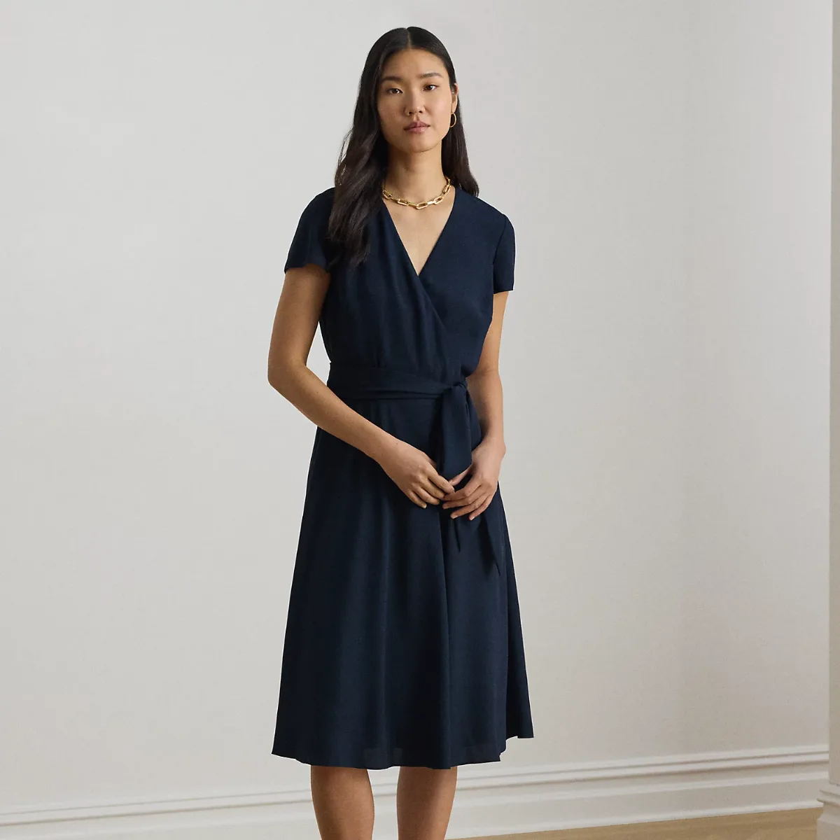 Belted Georgette Surplice Dress