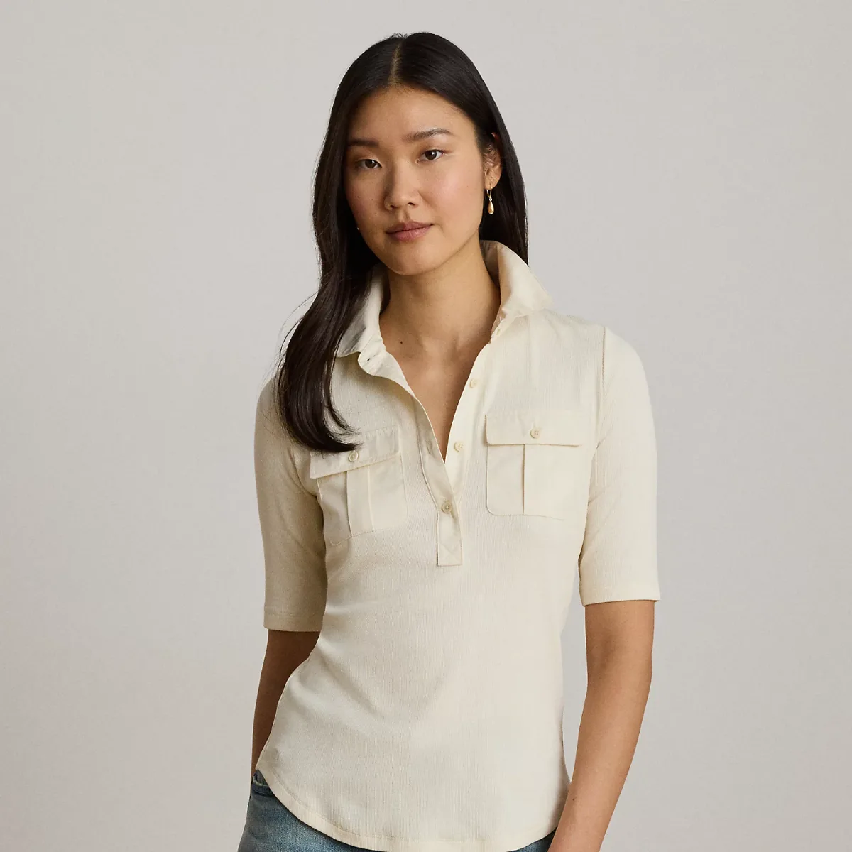 Rib-Knit Elbow-Sleeve Collared Top by Lauren Ralph Lauren