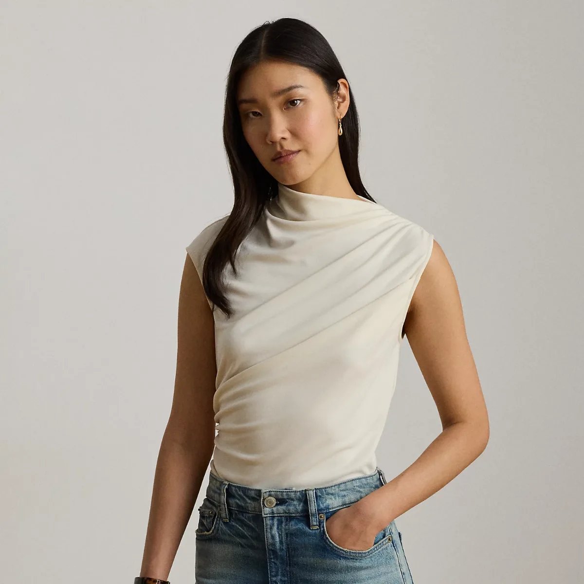 Shirred Stretch Jersey Mockneck Top by Lauren Ralph Lauren