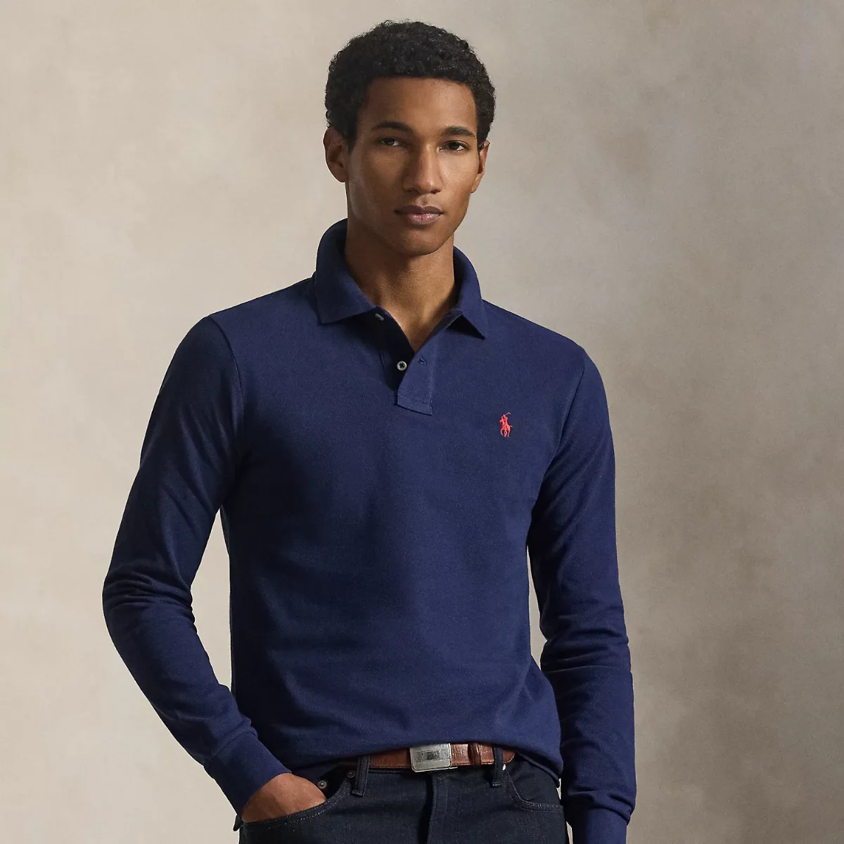 Slim Fit Mesh Long-Sleeve Polo