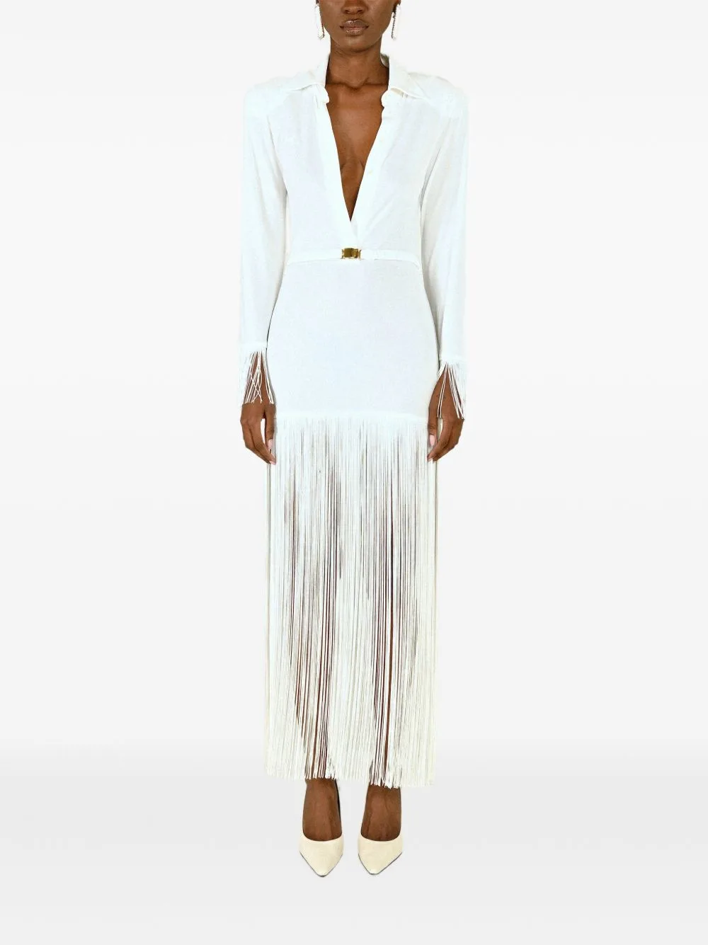 Fringe-Trim Long-Sleeve Maxi Polo Dress by Rowen Rose