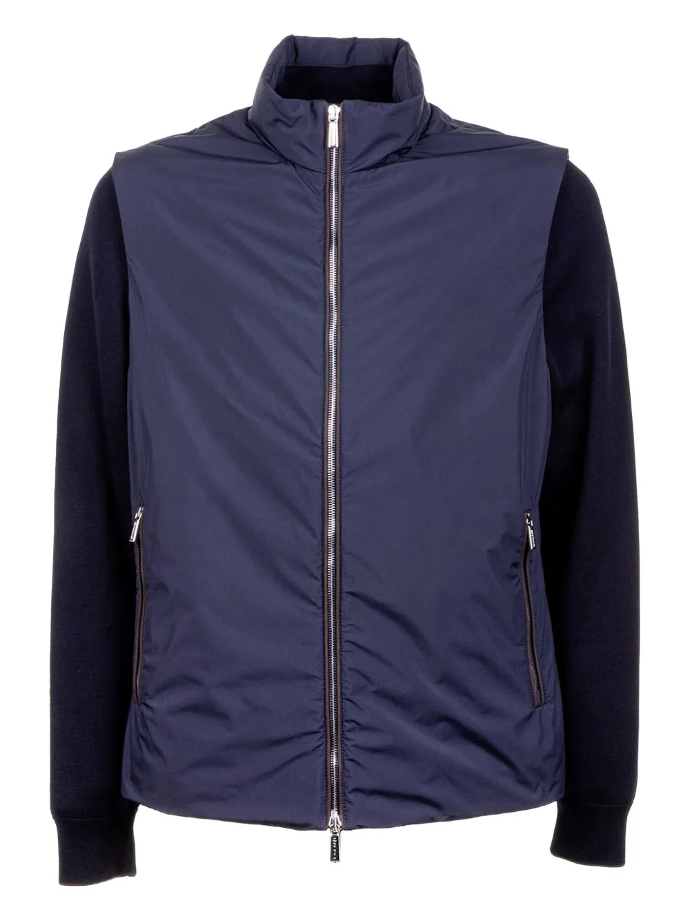 Zip-Up Knitted-Sleeve Jacket by Moorer