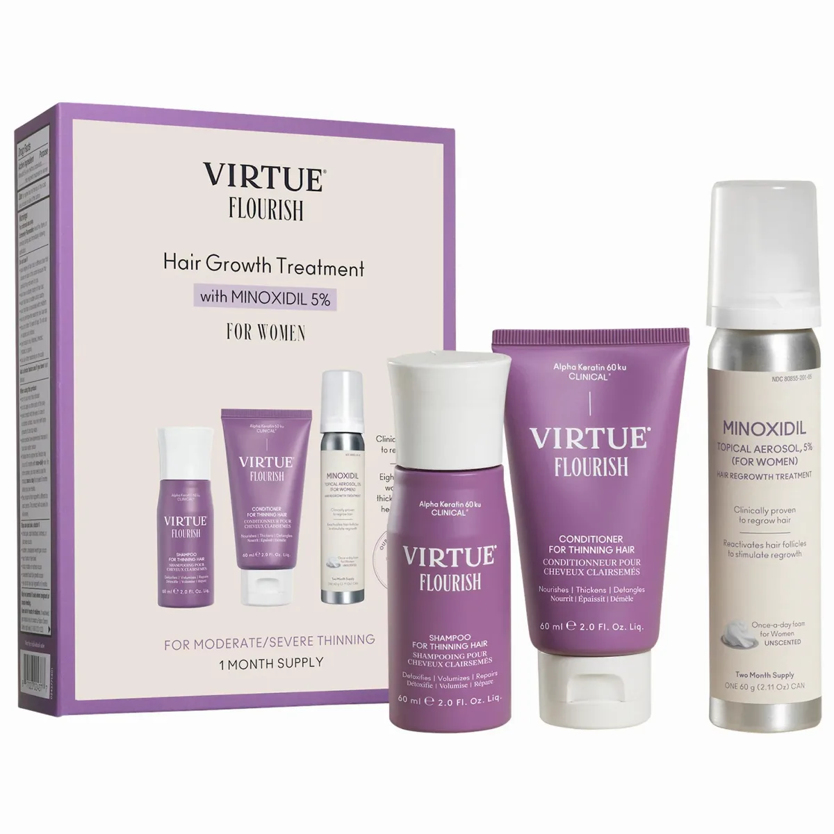 Flourish Hair Growth Treatment Set with Minoxidil Foam 30 Day Supply by Virtue