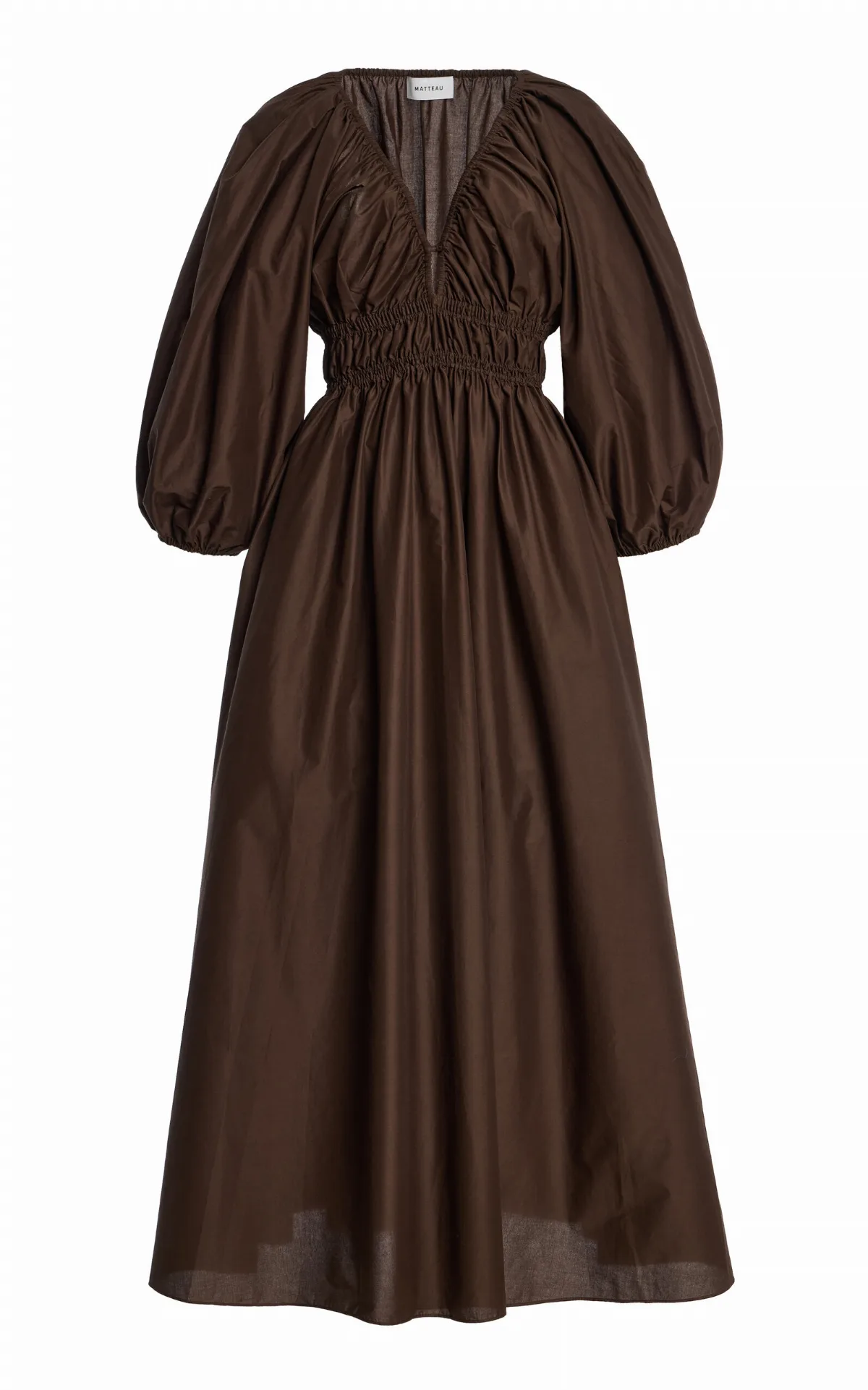Shirred Cotton Plunge Button Midi Dress
