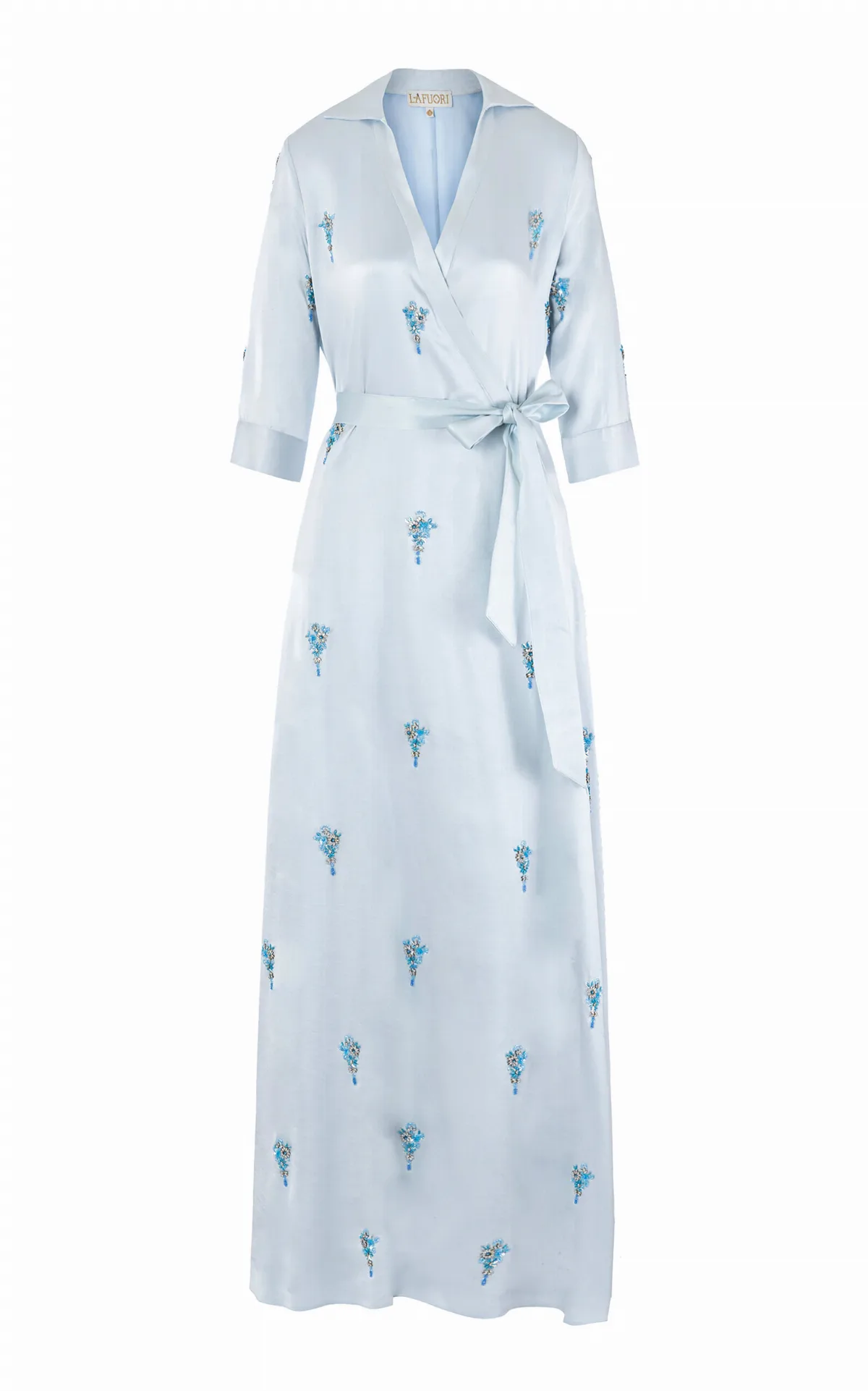 Elara's Icy Jewels Embellished Silk Satin Maxi Wrap Dress by La Fuori