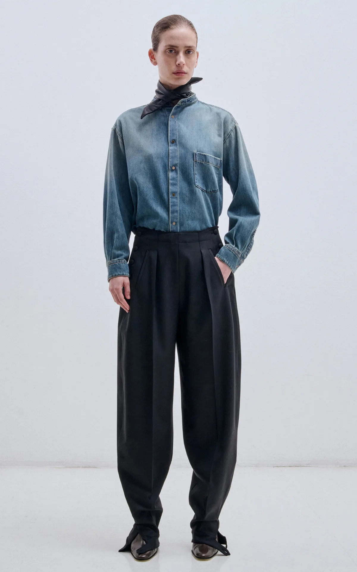 Meg Cotton-Tencel Denim Shirt with Detachable Plonge Leather Foulard by DARKPARK