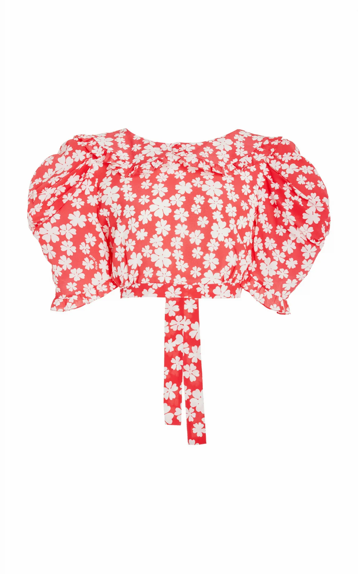 Puff-Sleeve Floral Silk Open-Back Crop Top by Miu Miu