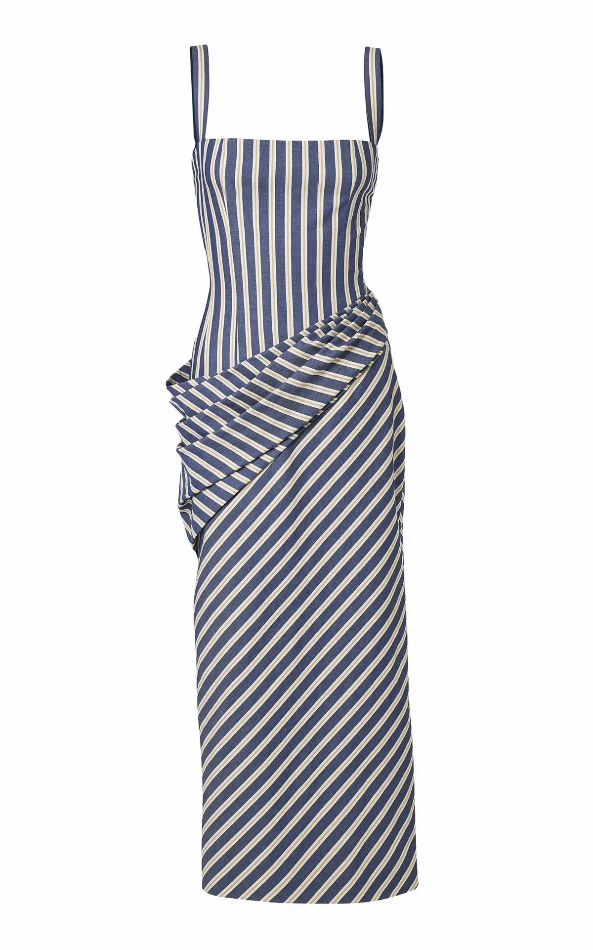 Draped Cotton Denim-Stripe Midi Dress by Carolina Herrera