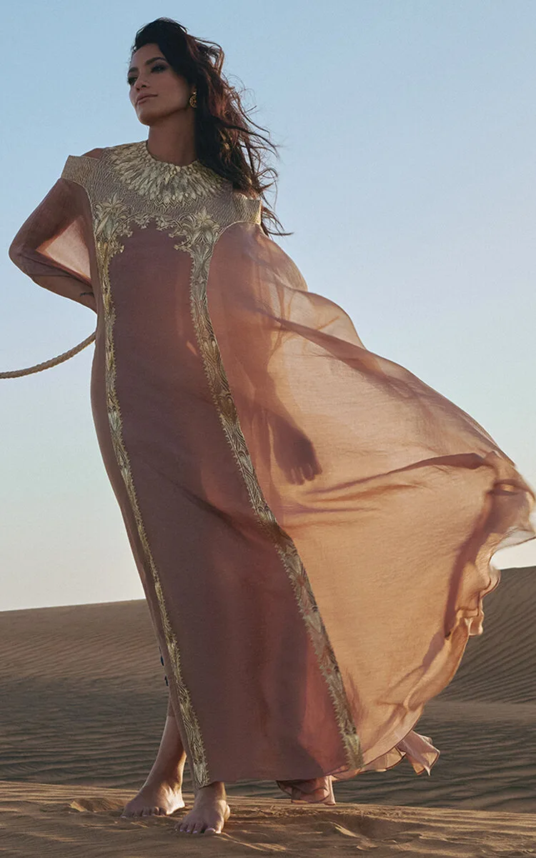 Hand-Embellished Chiffon Caftan Dress by Bthaina