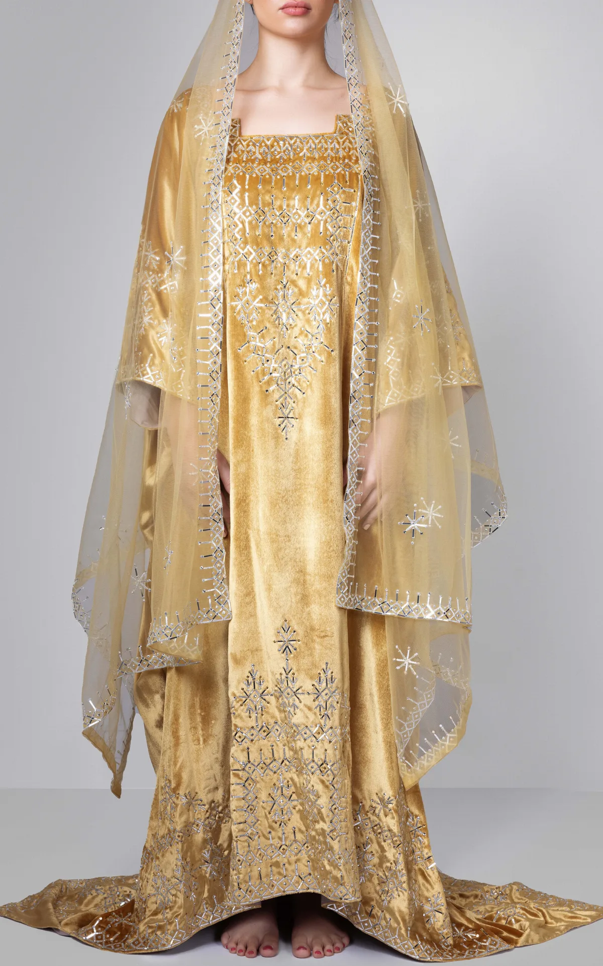 Metallic Embroidered Velvet Caftan by Bthaina