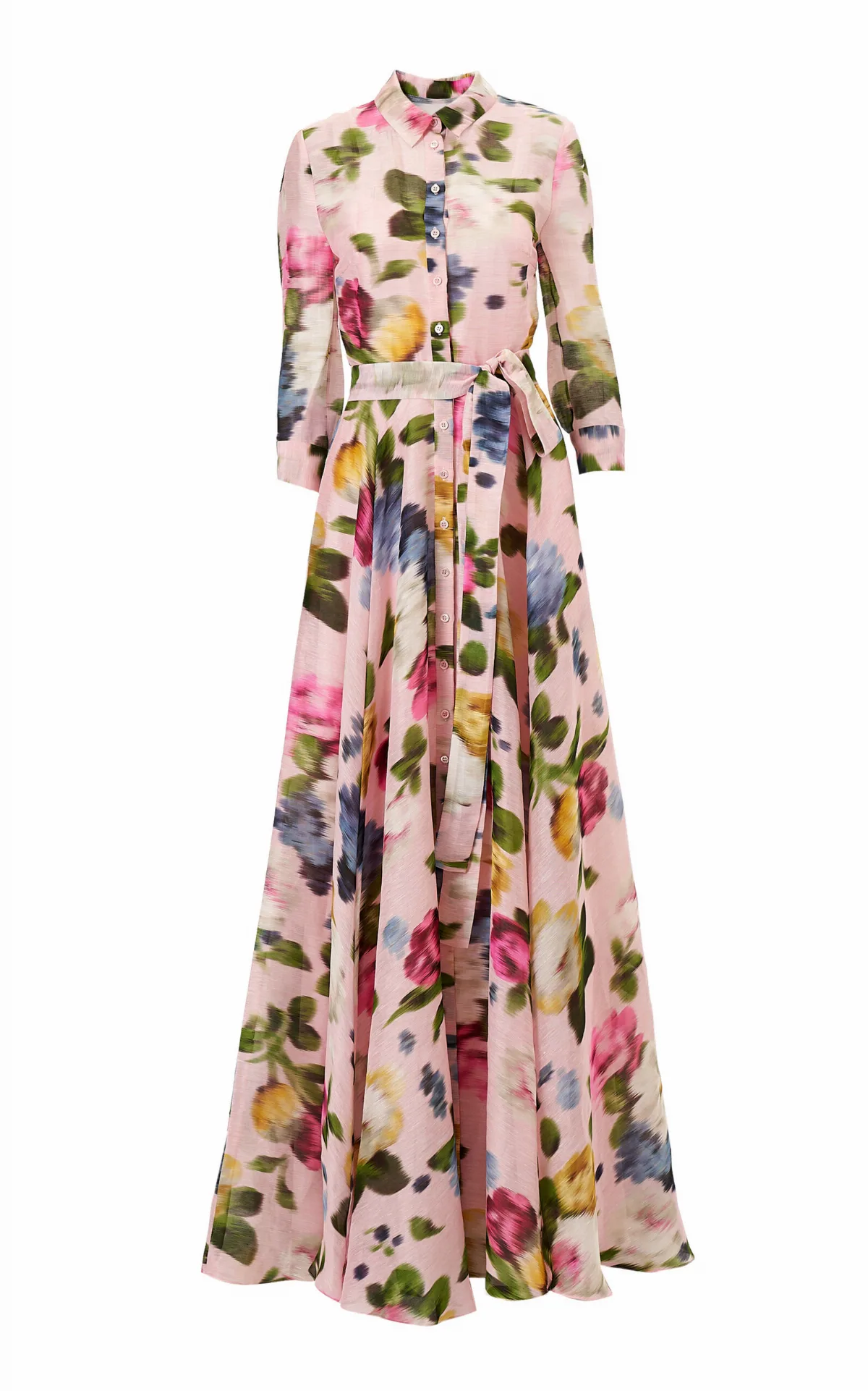 Button-Front Garden Floral Linen-Silk Trench Gown by Carolina Herrera