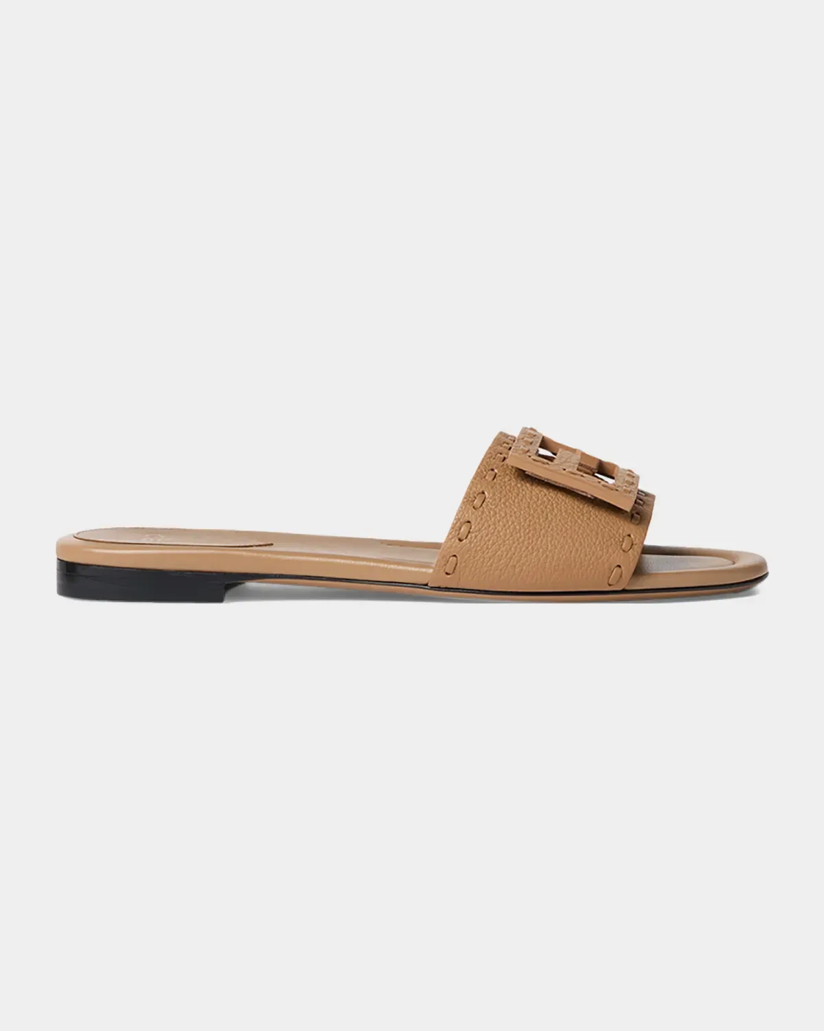 Baguette FF Leather Buckle Flat Slide Sandals