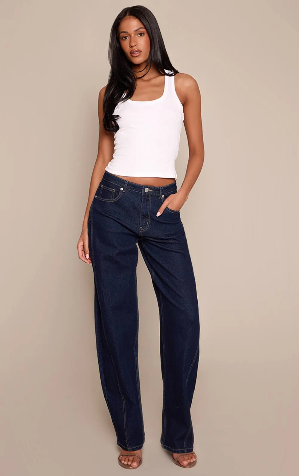 Indigo Mid Rise Stretch Barrel Jeans by PrettyLittleThing
