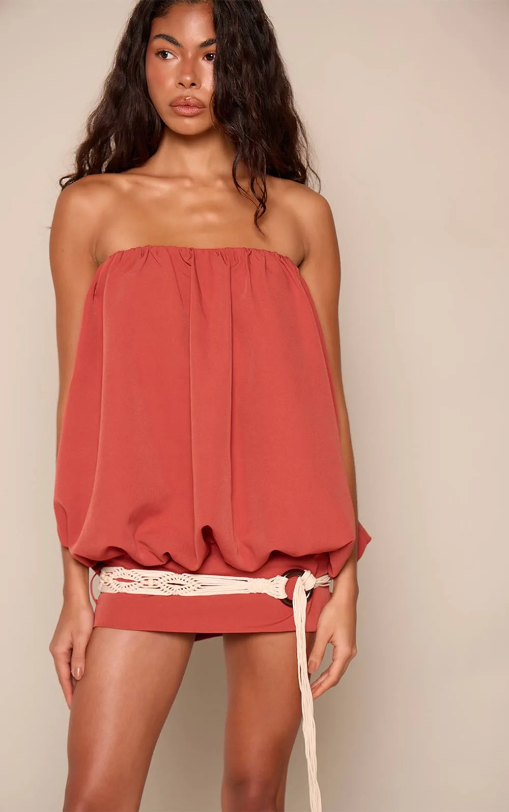 Woven Bandeau Bagged Over Rope Belt Mini Dress