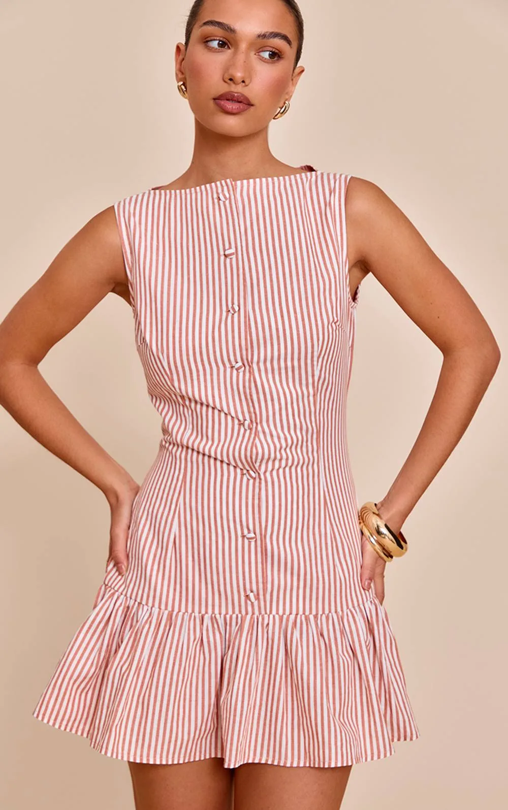 Striped Satin Button Detail Flippy Hem Bodycon Dress by PrettyLittleThing