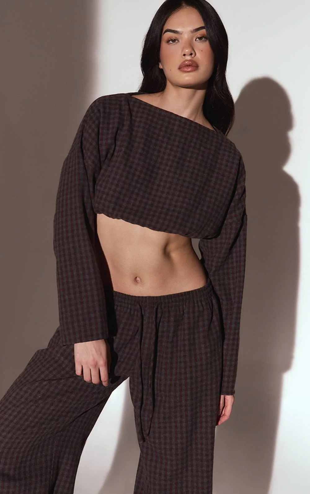 Brushed Check Long Sleeve Crop Top Co-Ord by PrettyLittleThing