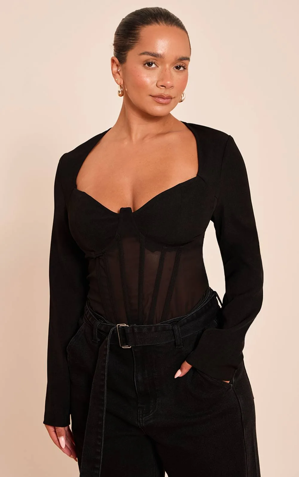 Mesh Long Sleeve Corset Bodysuit by PrettyLittleThing