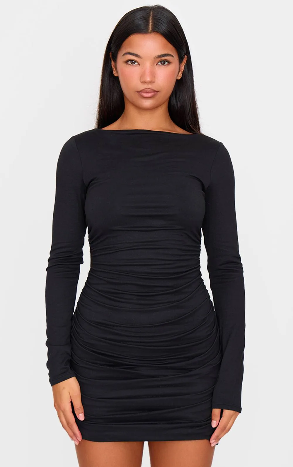 Double Contour Ruched Detail Long Sleeve Bodycon Dress