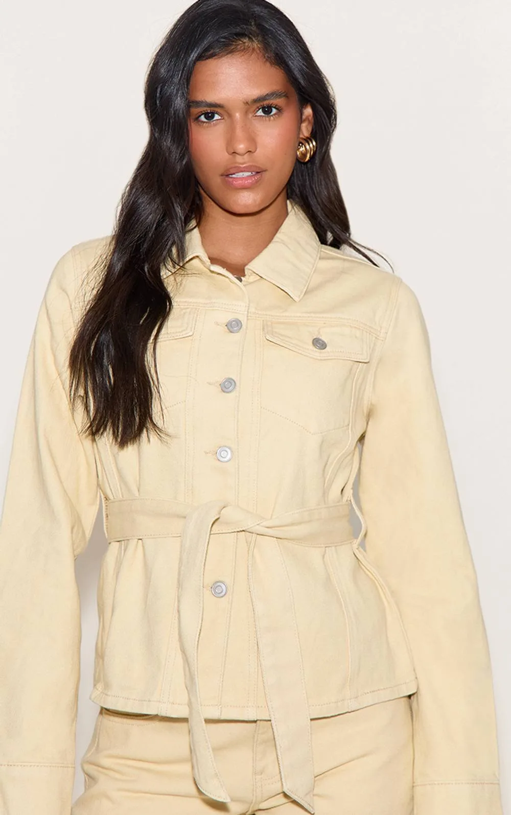 Cinched Waist Belted Denim Jacket