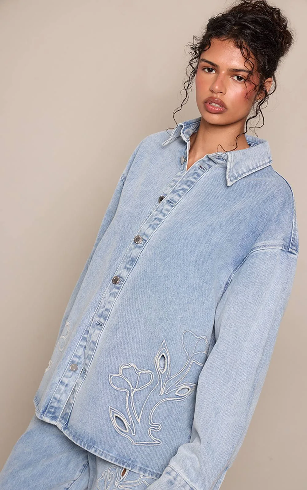 Embroidery Detail Denim Shirt by PrettyLittleThing