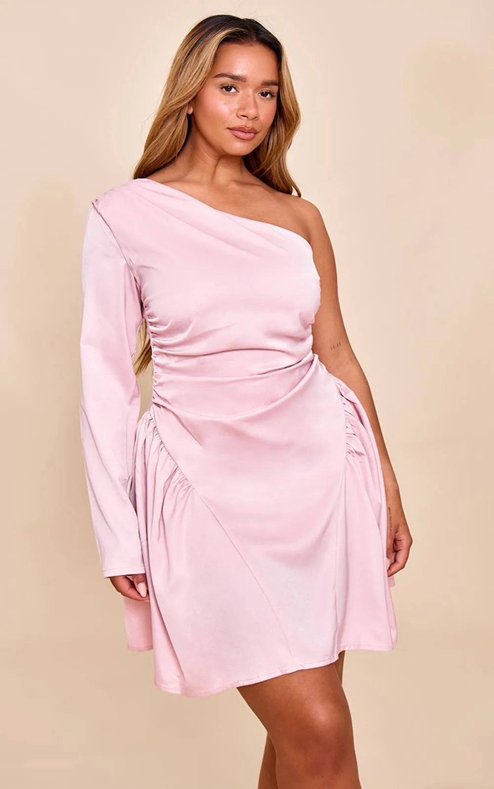 Satin Ruched One Shoulder Skater Mini Dress