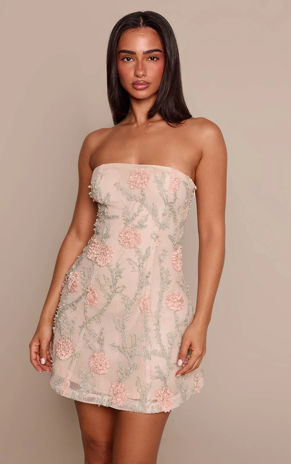 Floral Print Textured Bandeau Mini Shift Dress