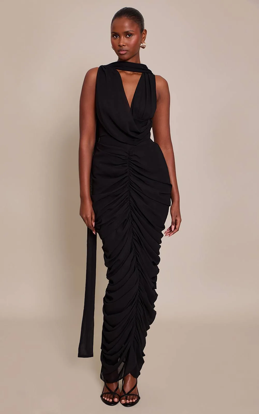 Chiffon Scarf Detail Ruched Maxi Dress