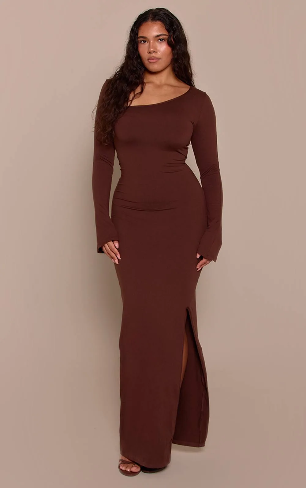 Sculpt Asymmetric Neck Flared Sleeve Maxi Dress