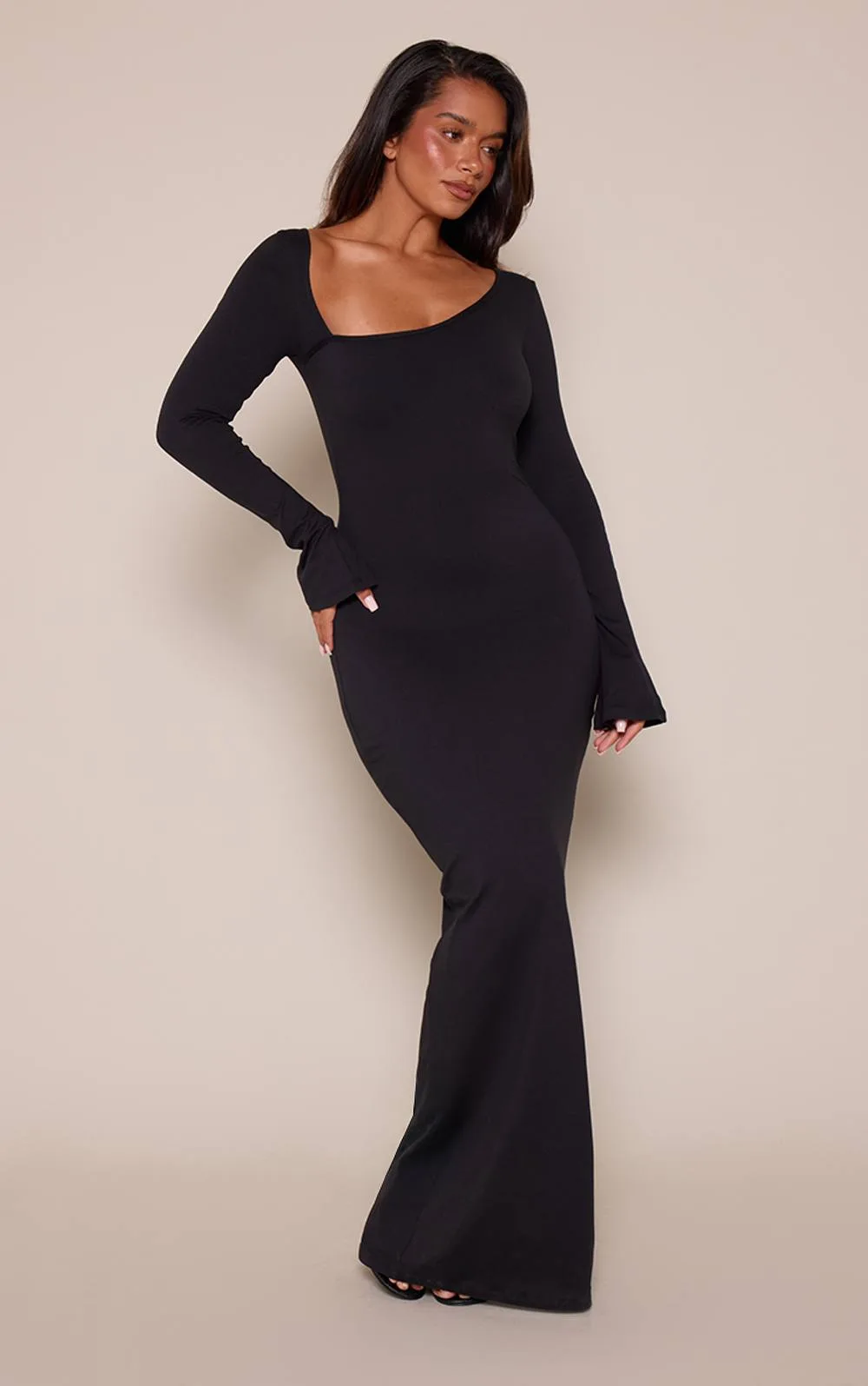 Sculpt Asymmetric Neck Flared Sleeve Maxi Dress by PrettyLittleThing