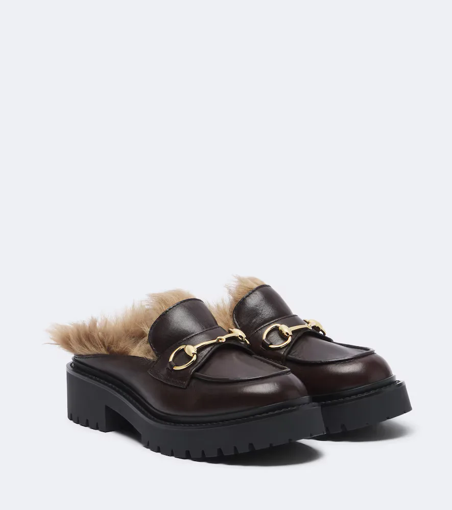 Rhody Shearling-Lined Leather Platform Mules by Gucci