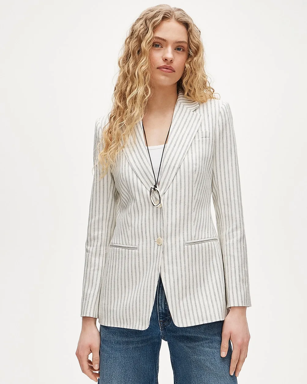 Margeaux Blazer in Striped Stretch Linen Blend