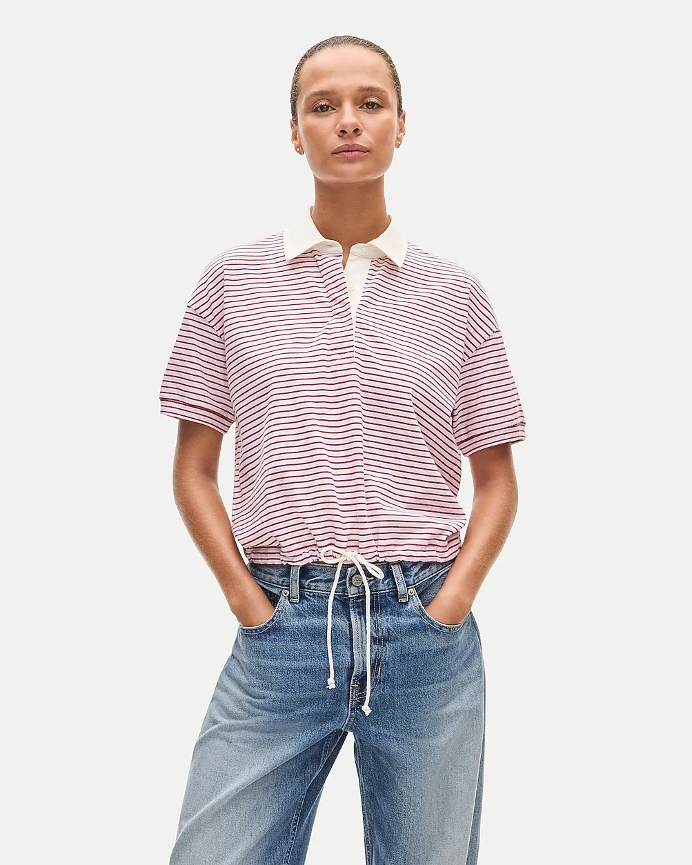 Boyfriend Jersey Drawstring-Waist Polo Shirt in Stripe by J.Crew