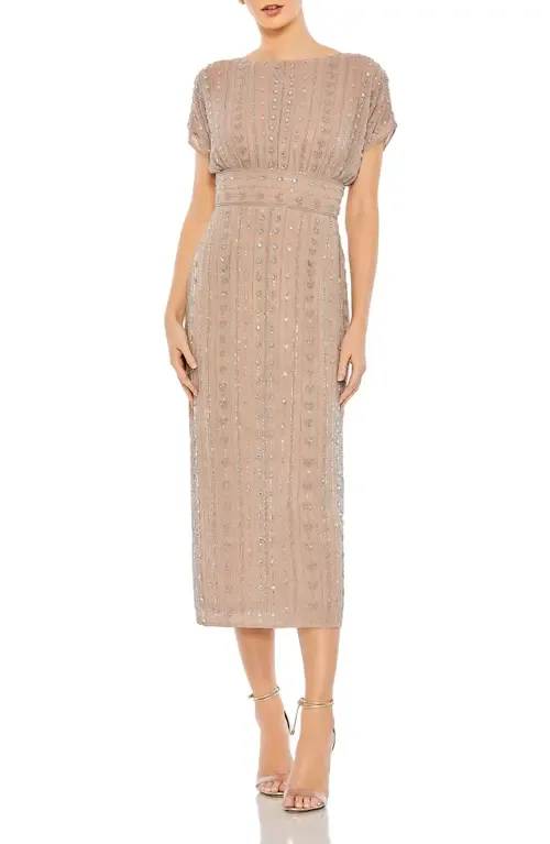 Beaded Cap Sleeve Column Midi Dress by Mac Duggal