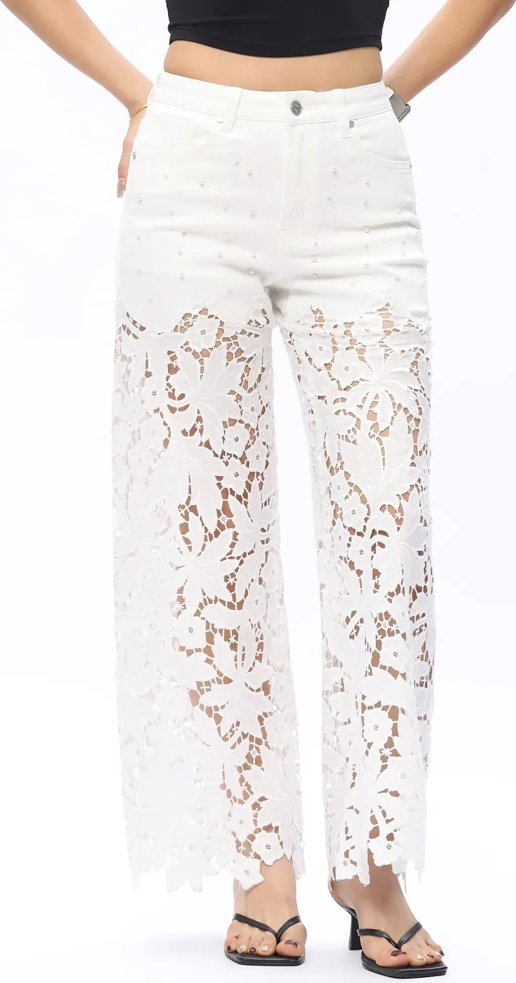 Embellished Eyelet High Waist Wide Leg Jeans