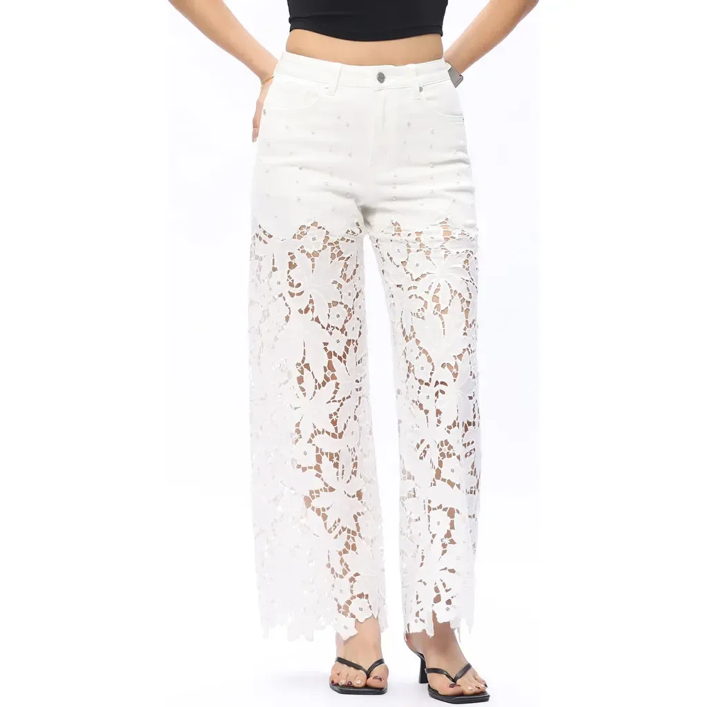 Embellished Eyelet High Waist Wide Leg Jeans by Bayeas