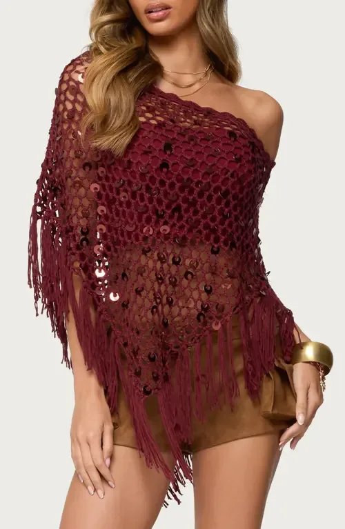 Open Stitch Sequin Fringe Poncho by EDIKTED
