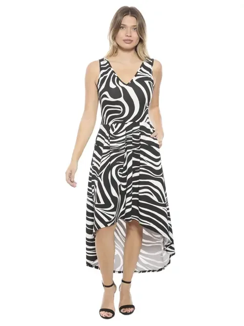 Zebra Sleeveless Fit N Flare High Low Pocket Midi Dress by 24seven Comfort Apparel
